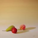 Pear, Plum & Peach in Sunlight, 20" x 20", Oil on Canvas